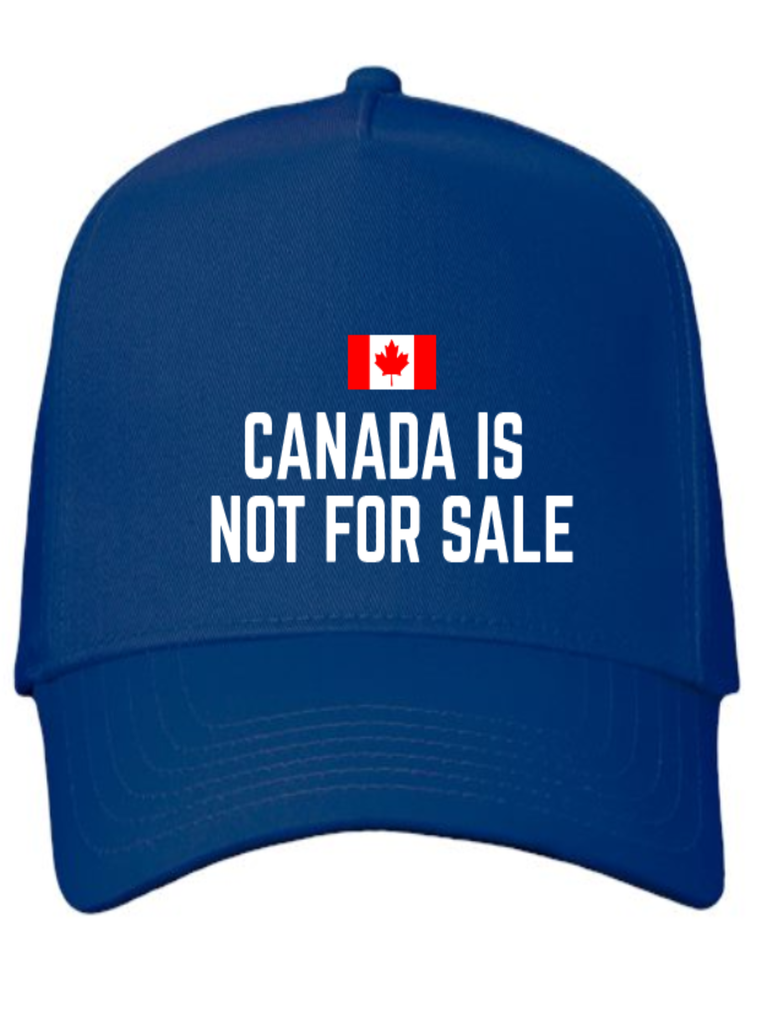 Blue cap with 'Canada is not for sale' text and Canadian flag on a white background
