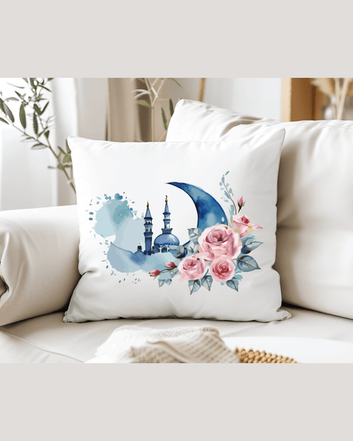 Blue crescent moon, mosque minarets and pink roses Ramadan cushion cover