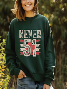 sweatshirt featuring a distressed Never 51 design with a Canadian maple leaf and vintage Canadian flag graphic.