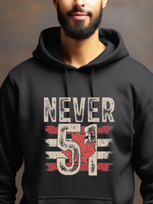 sweatshirt featuring a distressed Never 51 design with a Canadian maple leaf and vintage Canadian flag graphic.