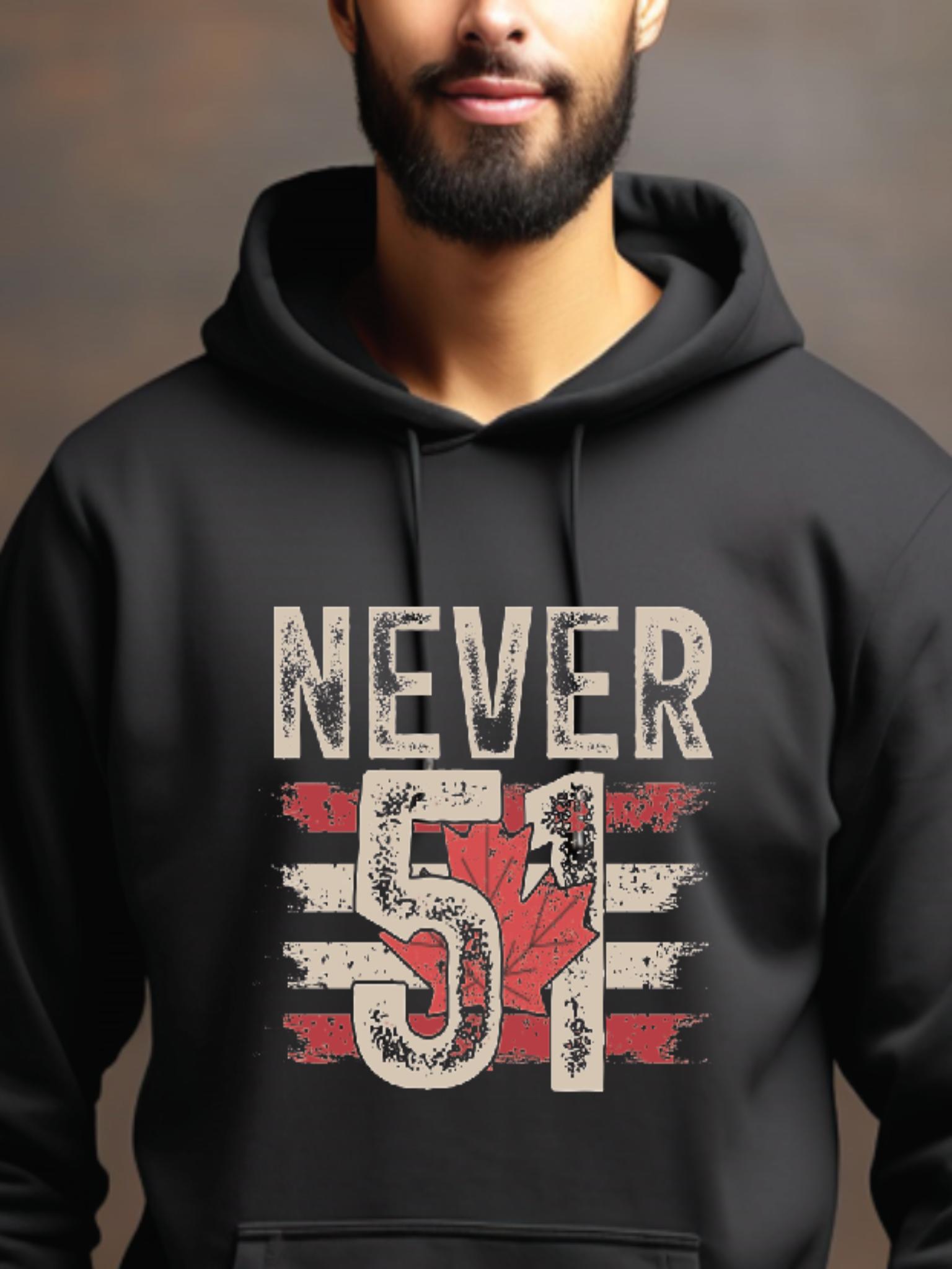 sweatshirt featuring a distressed Never 51 design with a Canadian maple leaf and vintage Canadian flag graphic.
