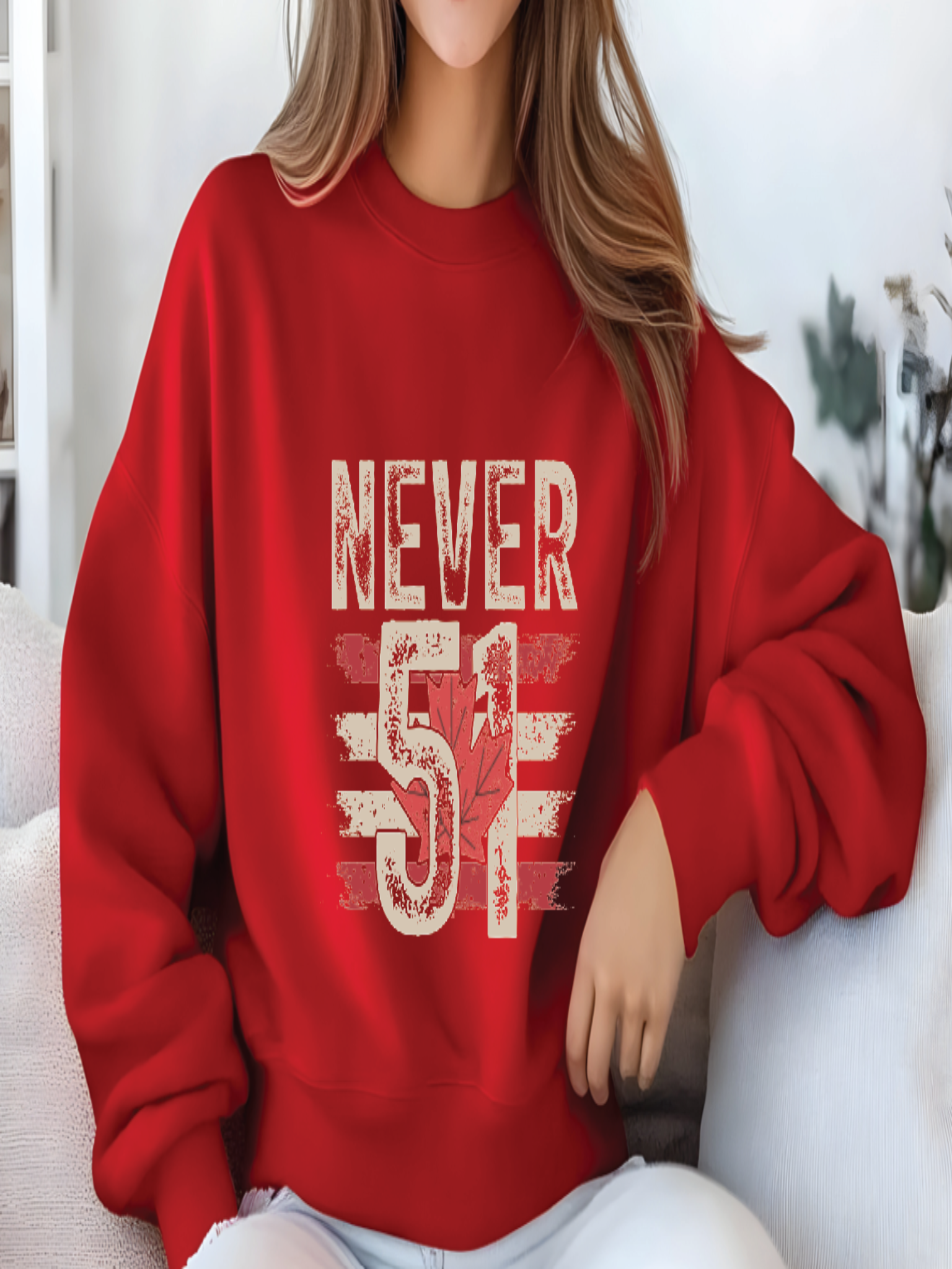 sweatshirt featuring a distressed Never 51 design with a Canadian maple leaf and vintage Canadian flag graphic.
