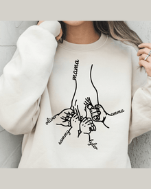 Cream custom name sweatshirt with circular hand design displaying Mama, Oliver, Sammy, Lyler, and Emma