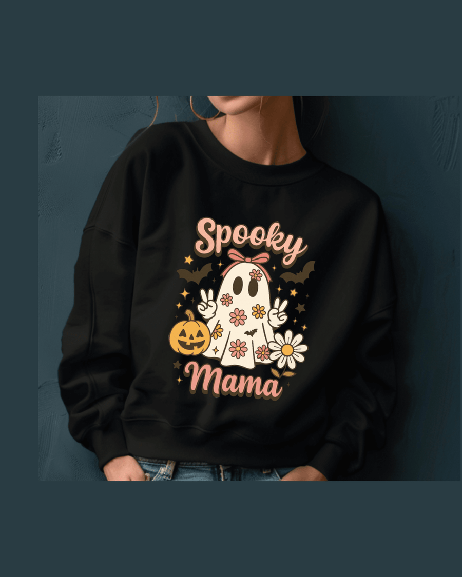 Black custom graphic hoodie with vintage ghost and floral design for Halloween