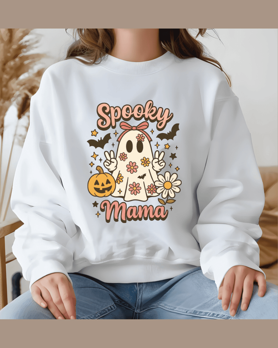 White personalized 'Spooky Mama' vintage sweatshirt with ghost graphic detail