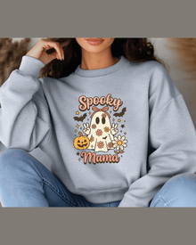 Heather gray unisex hoodie featuring retro Halloween ghost print and ribbed cuffs