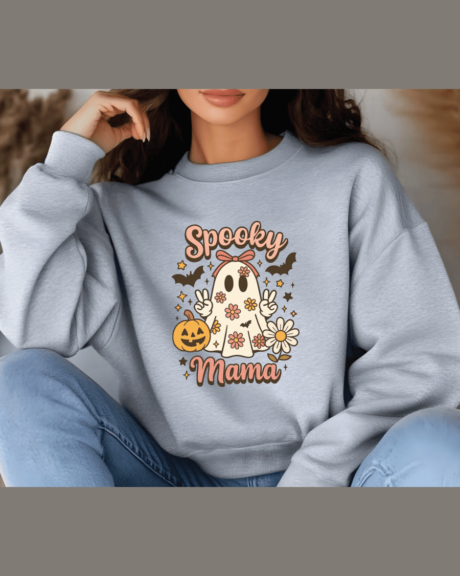 Heather gray unisex hoodie featuring retro Halloween ghost print and ribbed cuffs