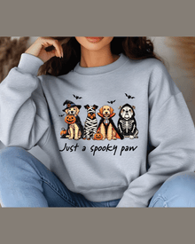Heather gray unisex sweatshirt featuring costumed dog graphic and cursive 'Just a spooky paw'