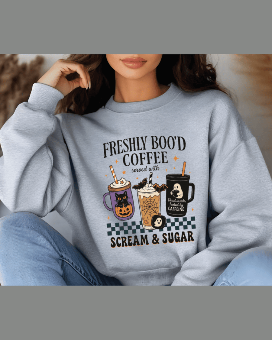Heather gray custom names hoodie with spooky drink graphics and soft durable fabric