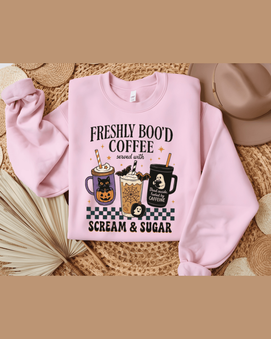 Pink custom graphic hoodie with Halloween coffee print and unisex fit