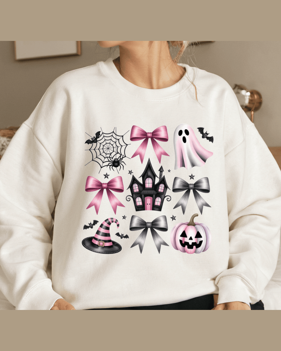 White personalized Halloween sweatshirt featuring haunted house and witch hat design