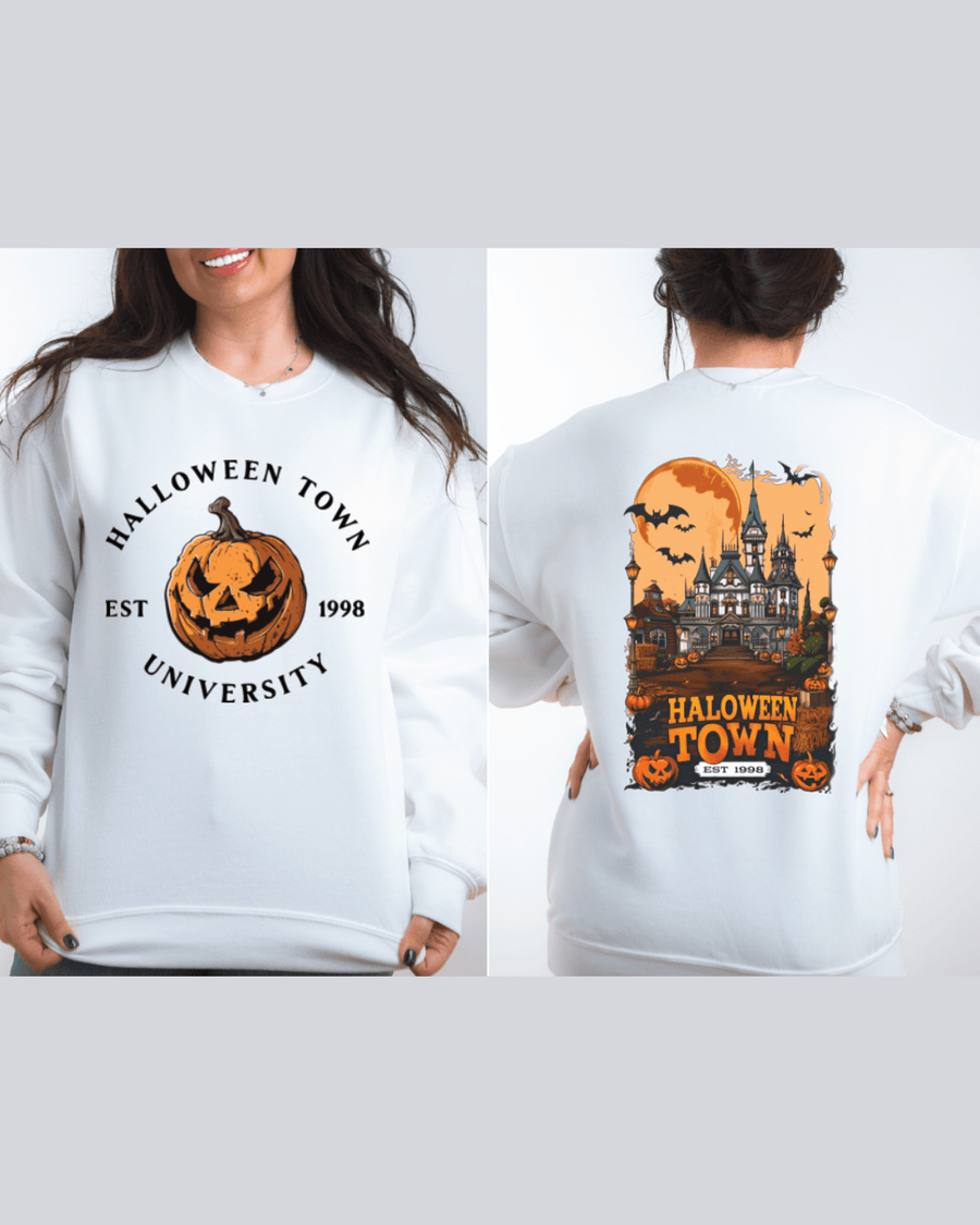 White custom graphic hoodie with Halloween Town pumpkin and haunted house design