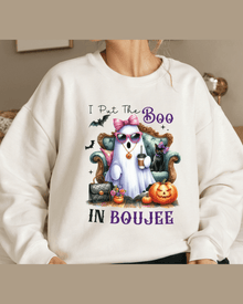 White custom graphic hoodie with Halloween ghost and cat design