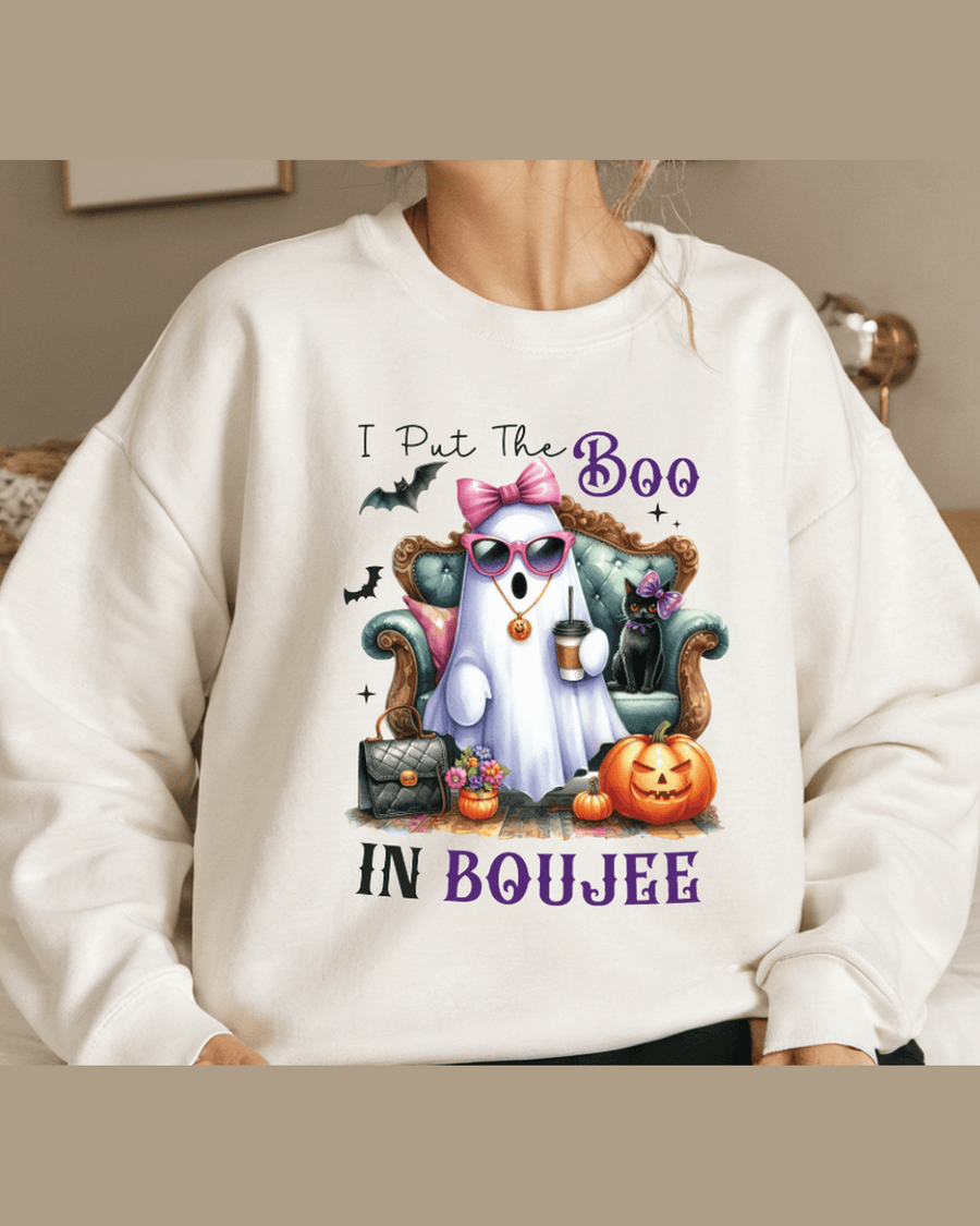White custom graphic hoodie with Halloween ghost and cat design