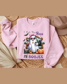 Pink unisex fit hoodie with 'I Put The Boo In Boujee' text