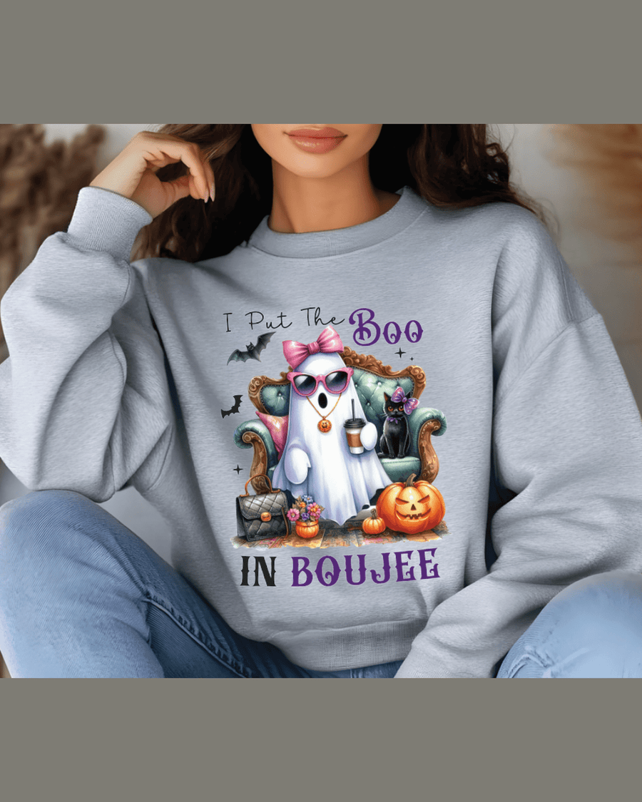 Light gray personalized sweatshirt featuring spooky ghost print