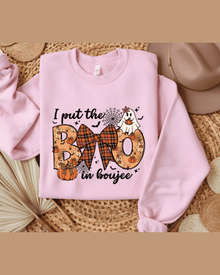 Pink custom Halloween sweatshirt featuring 'BOO in boujee' design with plaid bow detail