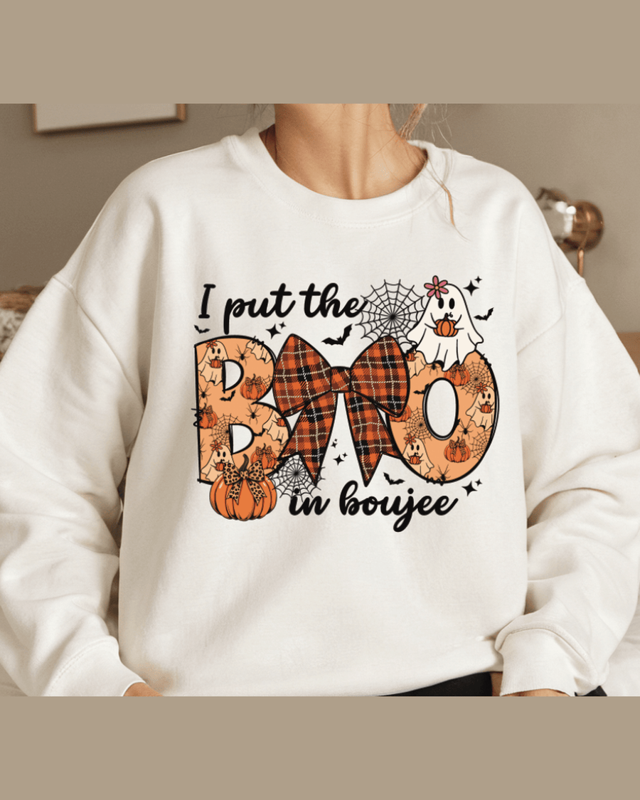 White unisex Halloween hoodie with 'I put the BOO in boujee' graphic and orange accents