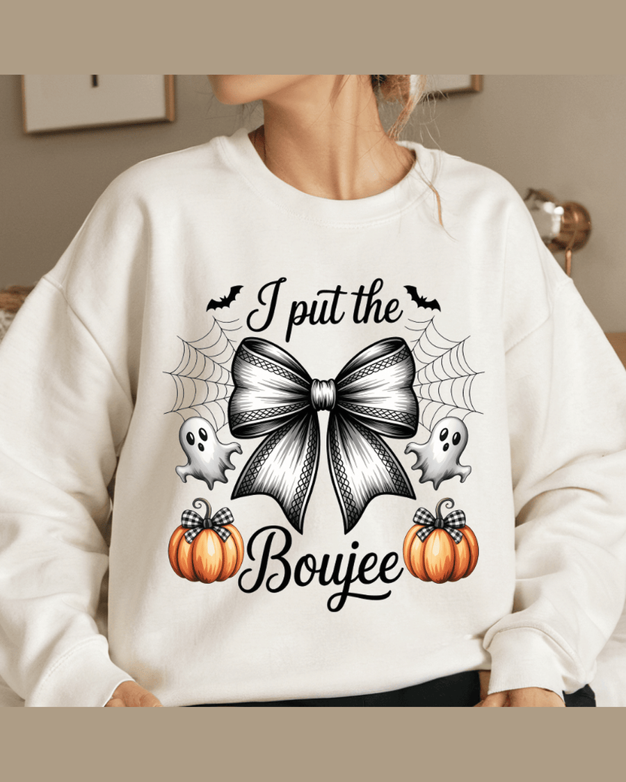 White fall graphic hoodie with 'I put the Boujee' text and spiderweb details
