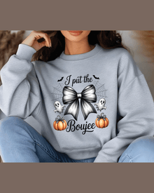 Heather gray custom Halloween hoodie with 'I put the Boujee' bat and pumpkin graphic