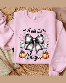Pink personalized keepsake sweatshirt featuring black-and-white bow and ghost design