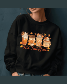 Black custom pumpkin spice hoodie with It's Fall Yall graphic and autumn beverage design