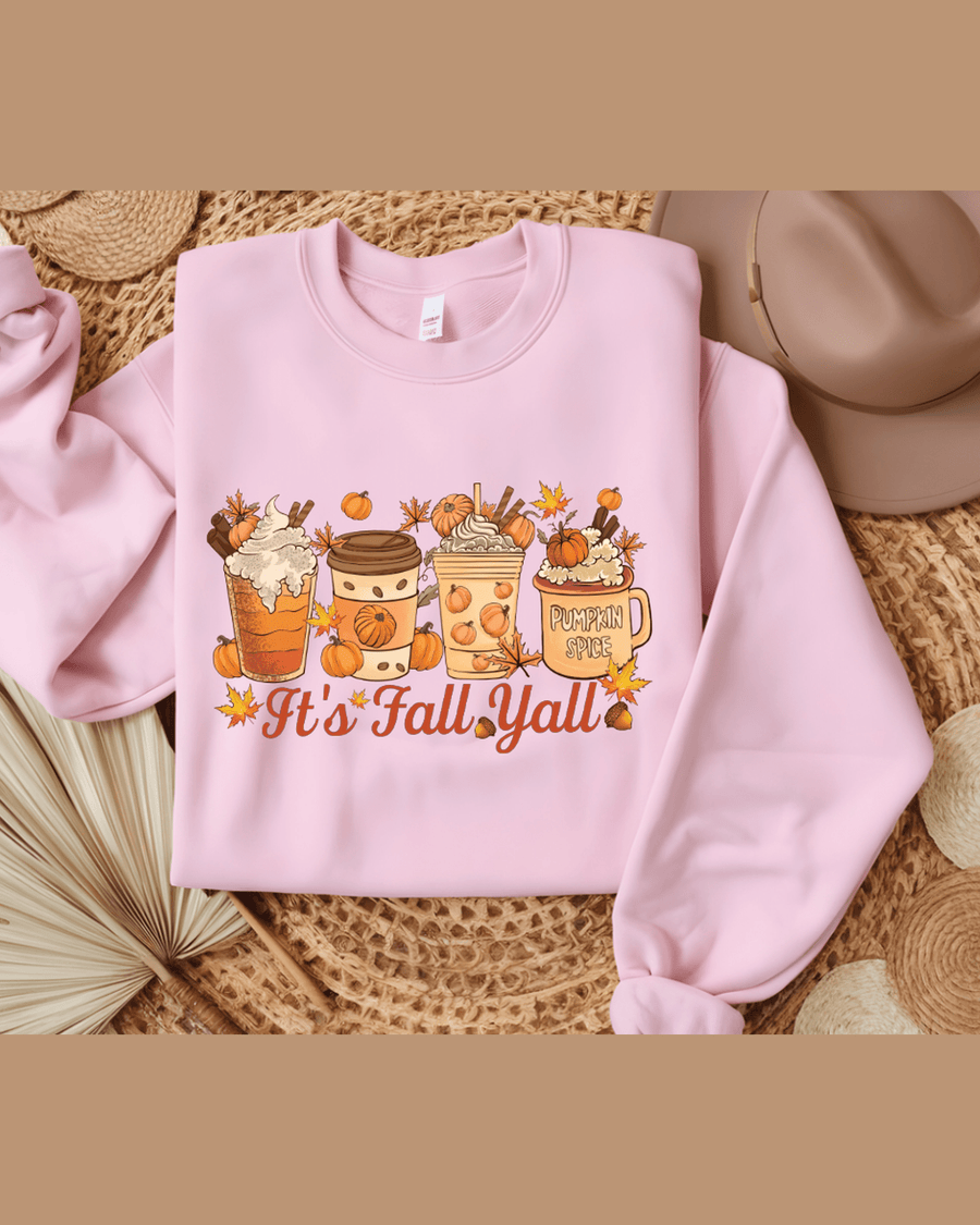 Pink personalized fall sweatshirt flat lay showing soft fabric and pumpkin spice print detail