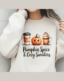 Cream unisex custom graphic hoodie with kawaii pumpkin and coffee design