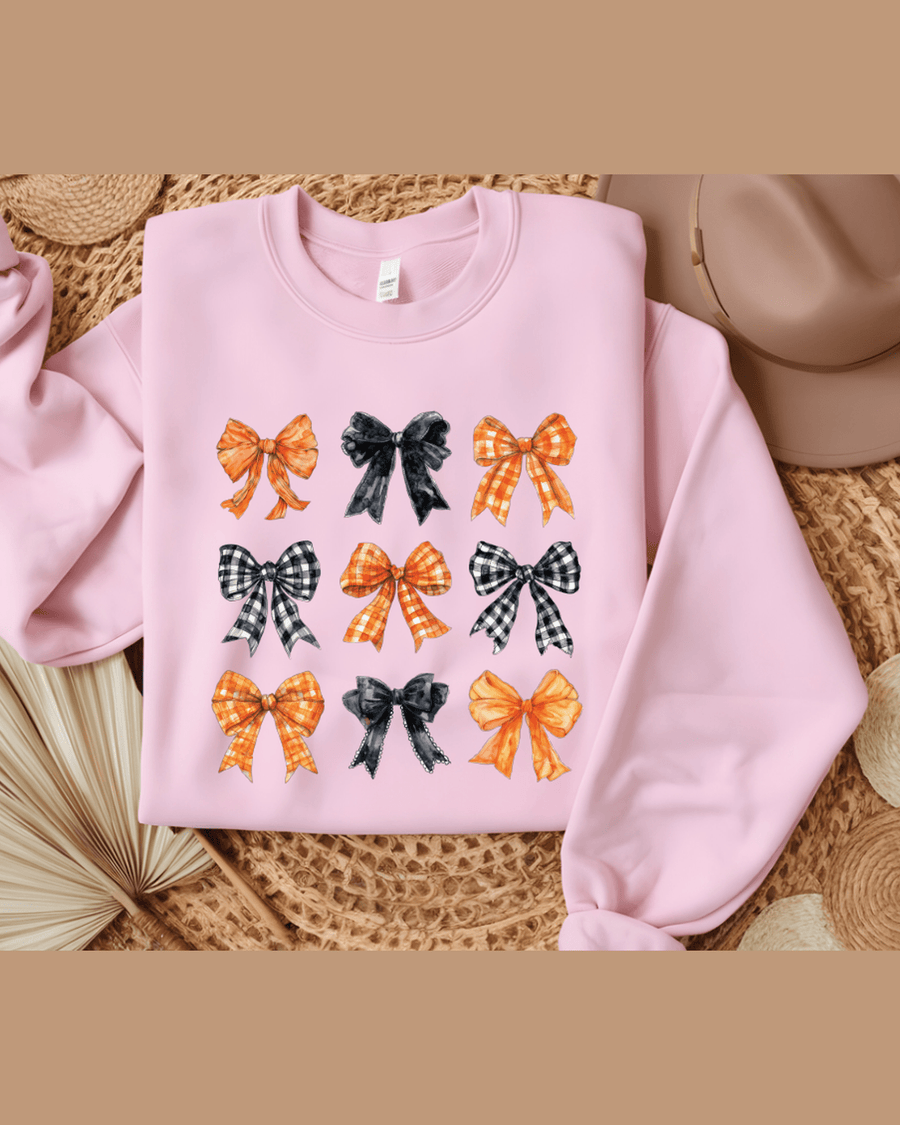 Pink personalized sweatshirt featuring nine gingham and solid bows