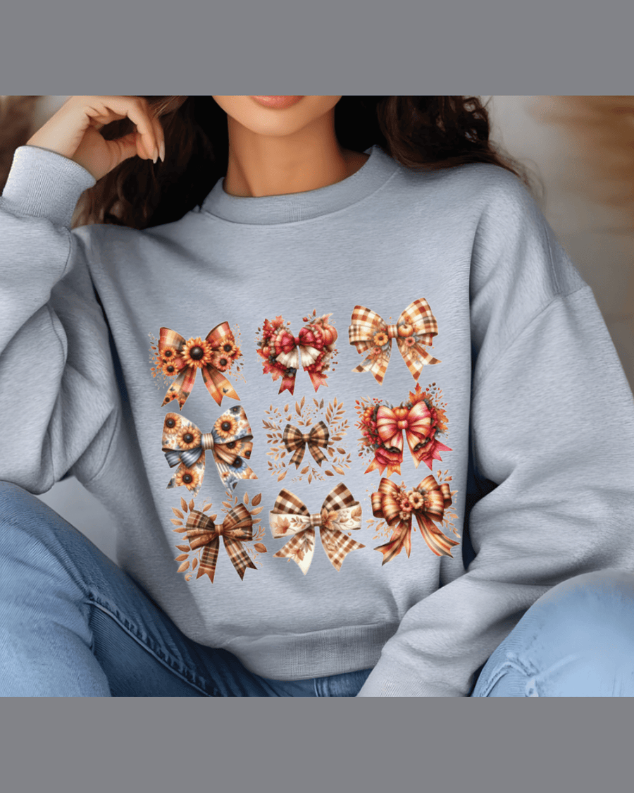 Heather gray unisex fit hoodie with nine plaid bow graphics in fall colors