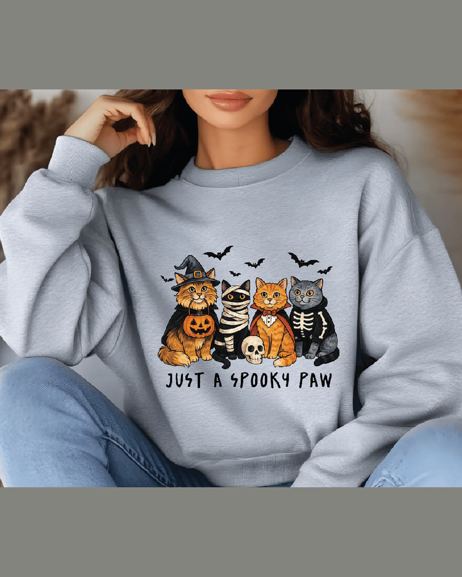 Heather gray unisex hoodie with custom Halloween cat design and relaxed fit