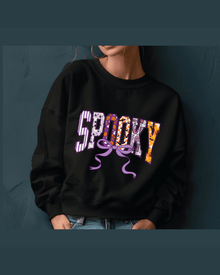Black custom graphic hoodie with Spooky Halloween pattern print and purple bow