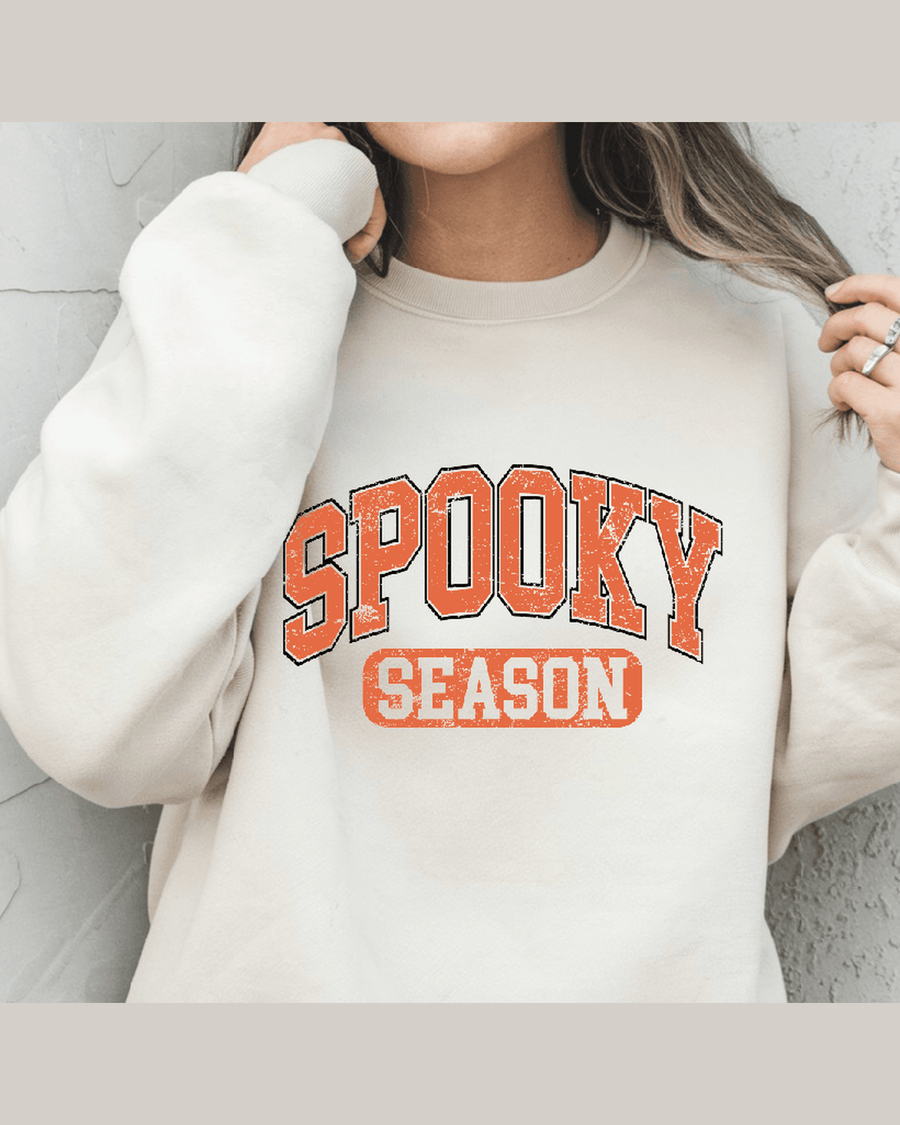 Cream custom graphic hoodie with Spooky Season orange distressed print