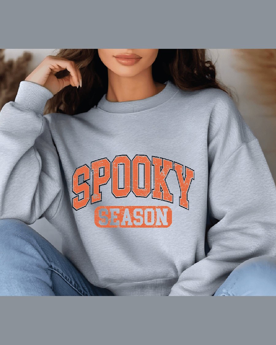 Heather gray personalized crewneck sweatshirt featuring Spooky Season design