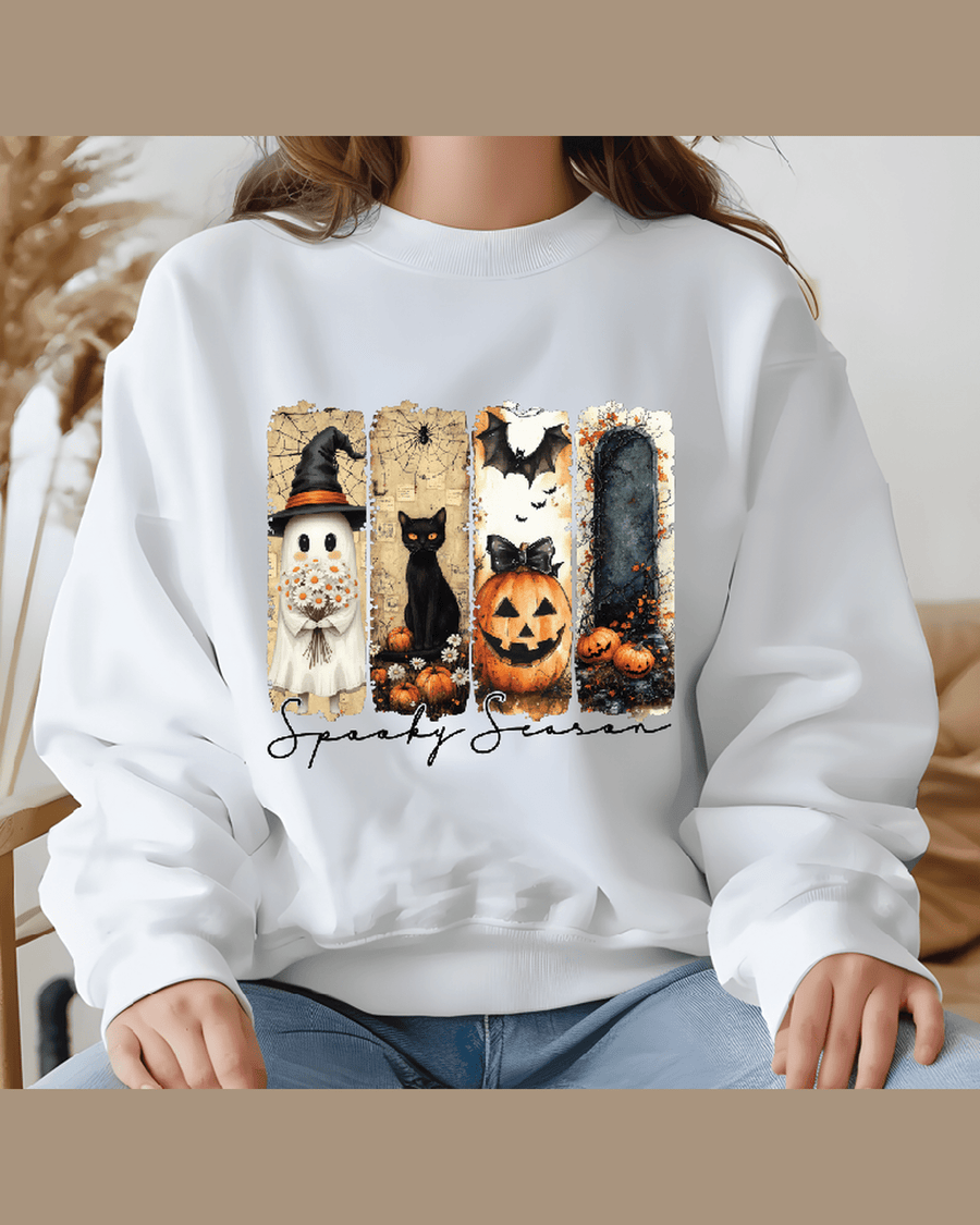 White Halloween graphic hoodie with four-panel spooky print and Spooky Season text