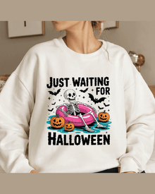 White crew neck custom graphic hoodie with skeleton and jack-o'-lanterns design