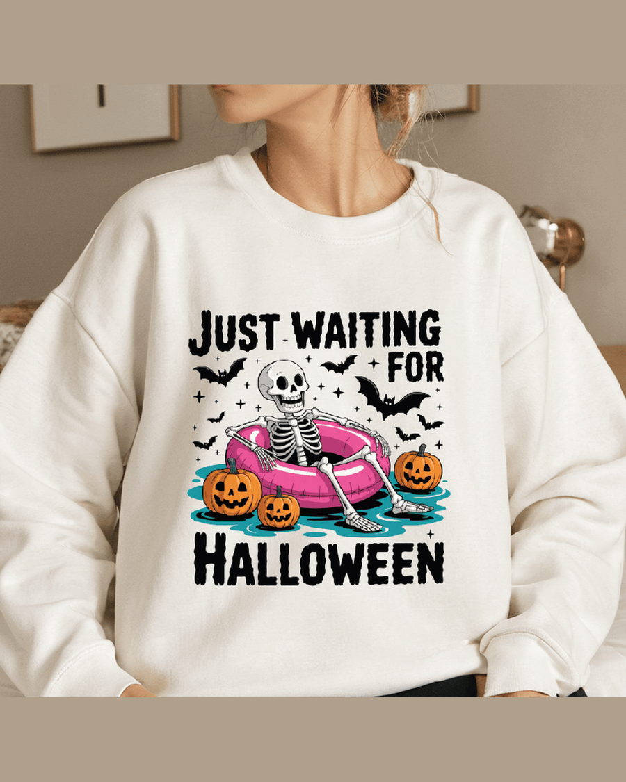 White crew neck custom graphic hoodie with skeleton and jack-o'-lanterns design