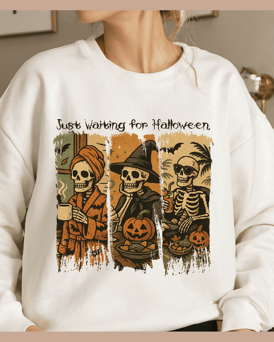 White personalized Halloween sweatshirt featuring three skeletons in vintage attire on front panel