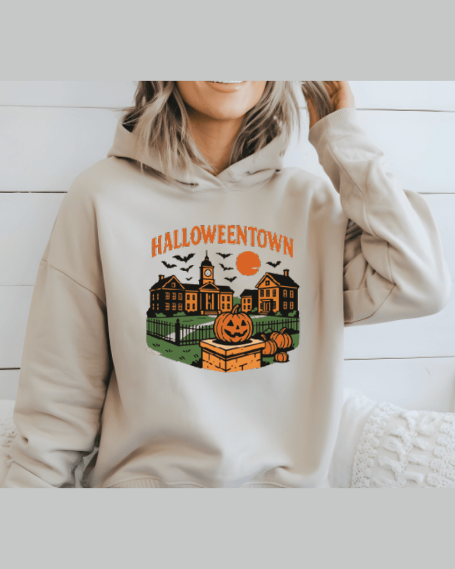 Beige custom graphic hoodie with Halloween town print and pumpkin design