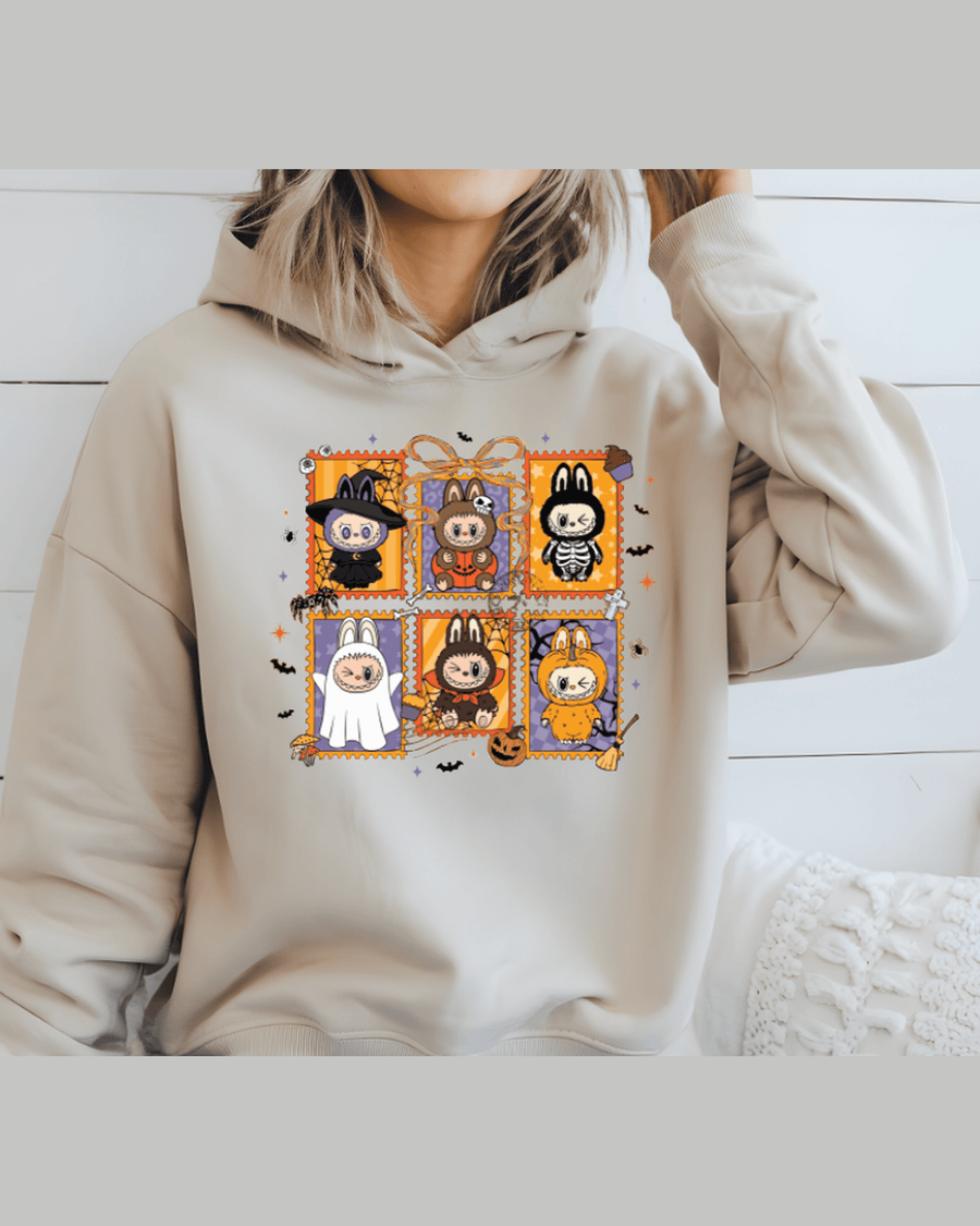 Beige unisex Halloween hoodie with cartoon character grid graphic print