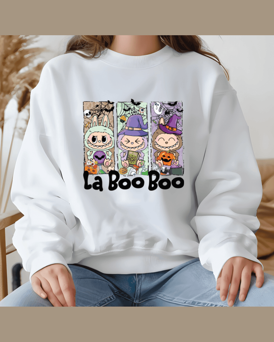 White custom Halloween hoodie with three-panel graphic print featuring spooky characters and 'La Boo Boo' text