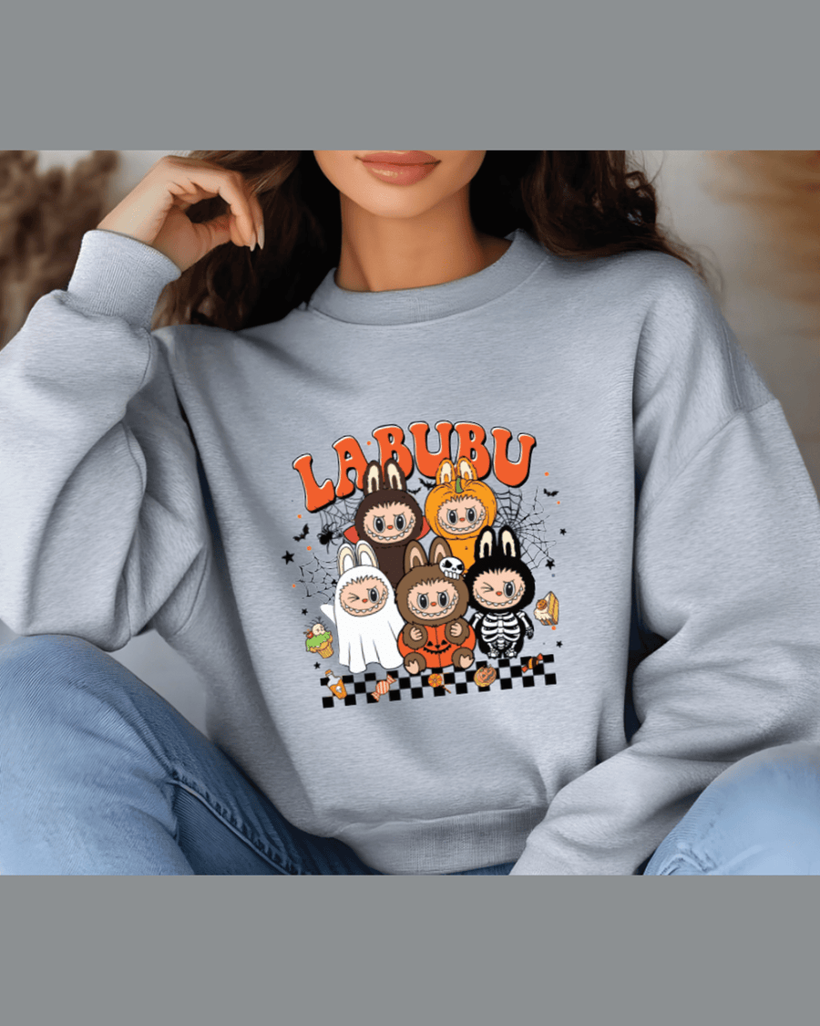 Light gray unisex custom graphic hoodie with Halloween LABUBU cartoon monster print and crew neck