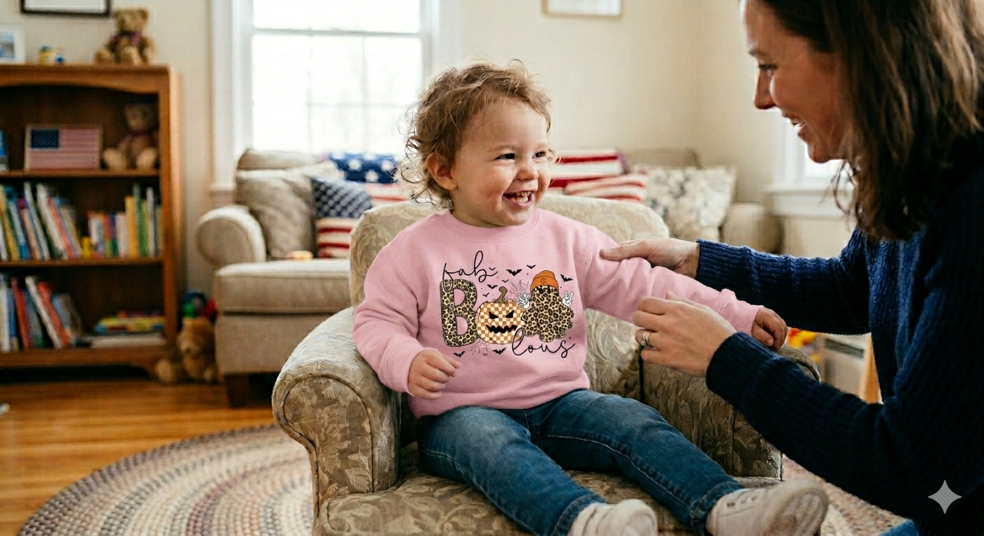 Custom Sweat Tee, Leopard Print Ghost Pumpkin Kids Matching Outfit, Soft Durable Fabric — view 3