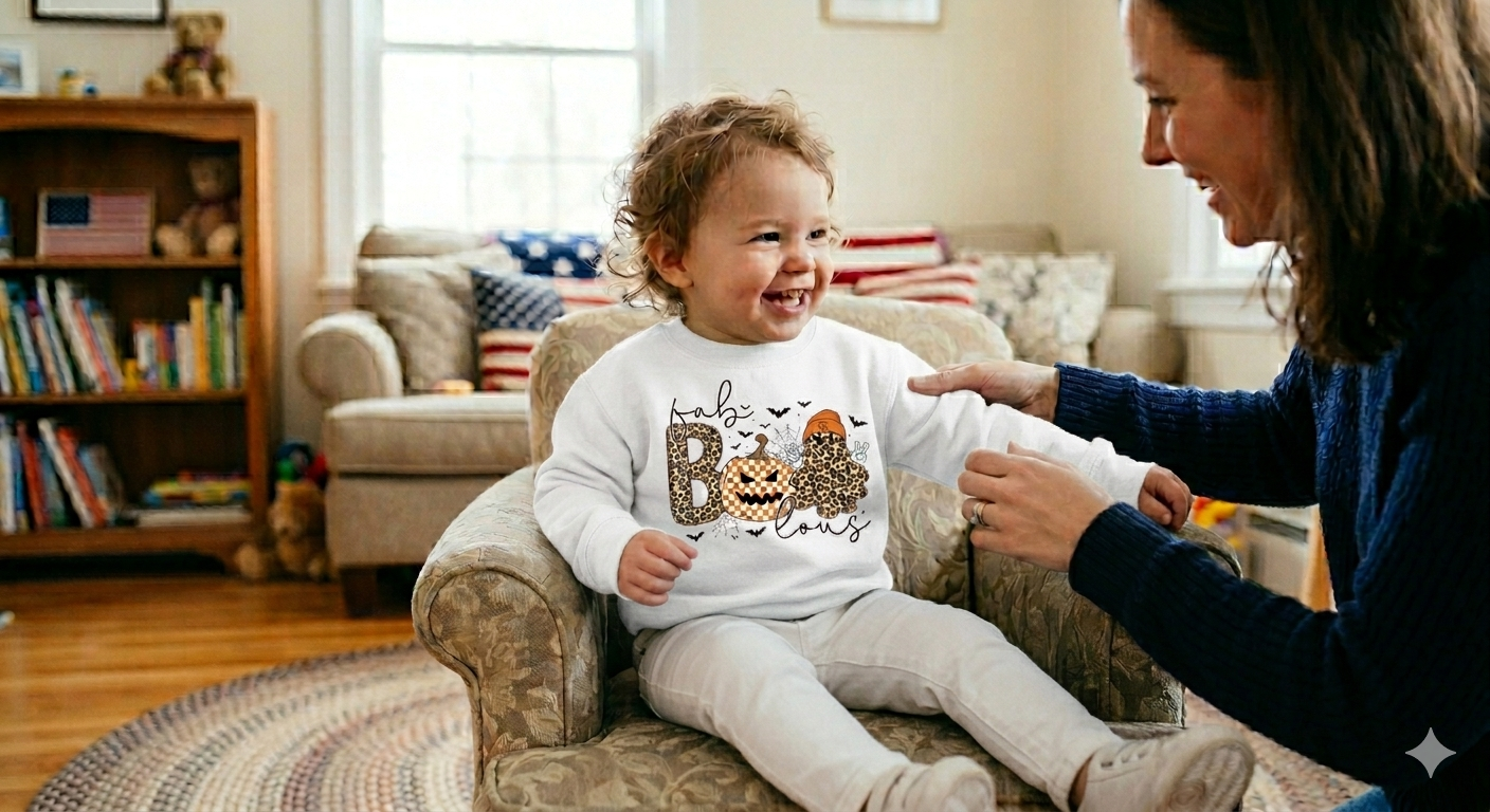 Custom Sweat Tee, Leopard Print Ghost Pumpkin Kids Matching Outfit, Soft Durable Fabric — view 4