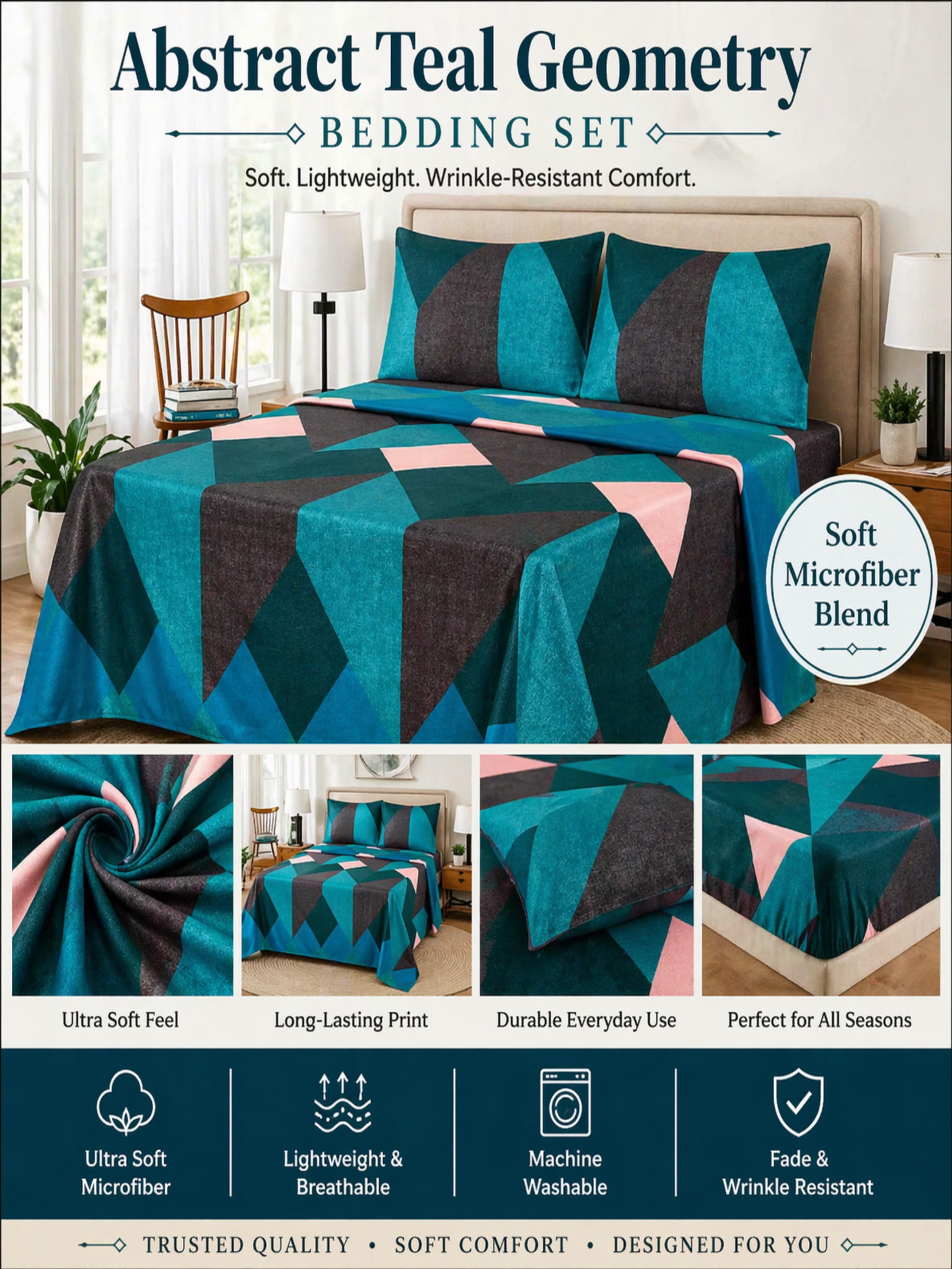 Teal Abstract Microfiber Bedding Set, Modern Soft Sheet Set