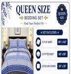 The image is a product advertisement for a Queen Size Bedding Set, which includes a flat sheet, a fitted sheet, and pillow covers. The ad features a bedroom scene with a bed and nightstands, and the text provides the dimensions and features of the set.