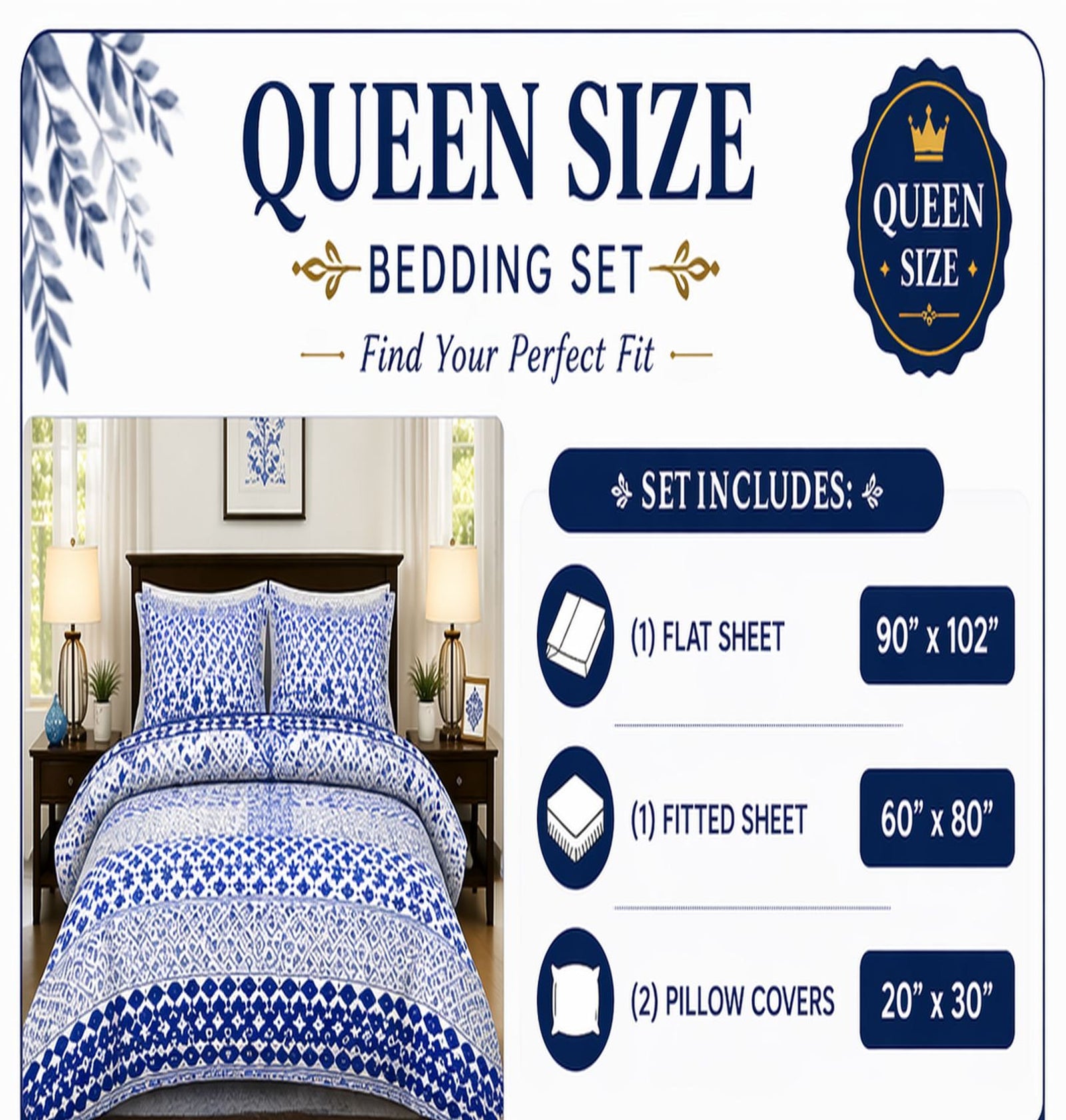 The image is a product advertisement for a Queen Size Bedding Set, which includes a flat sheet, a fitted sheet, and pillow covers. The ad features a bedroom scene with a bed and nightstands, and the text provides the dimensions and features of the set.