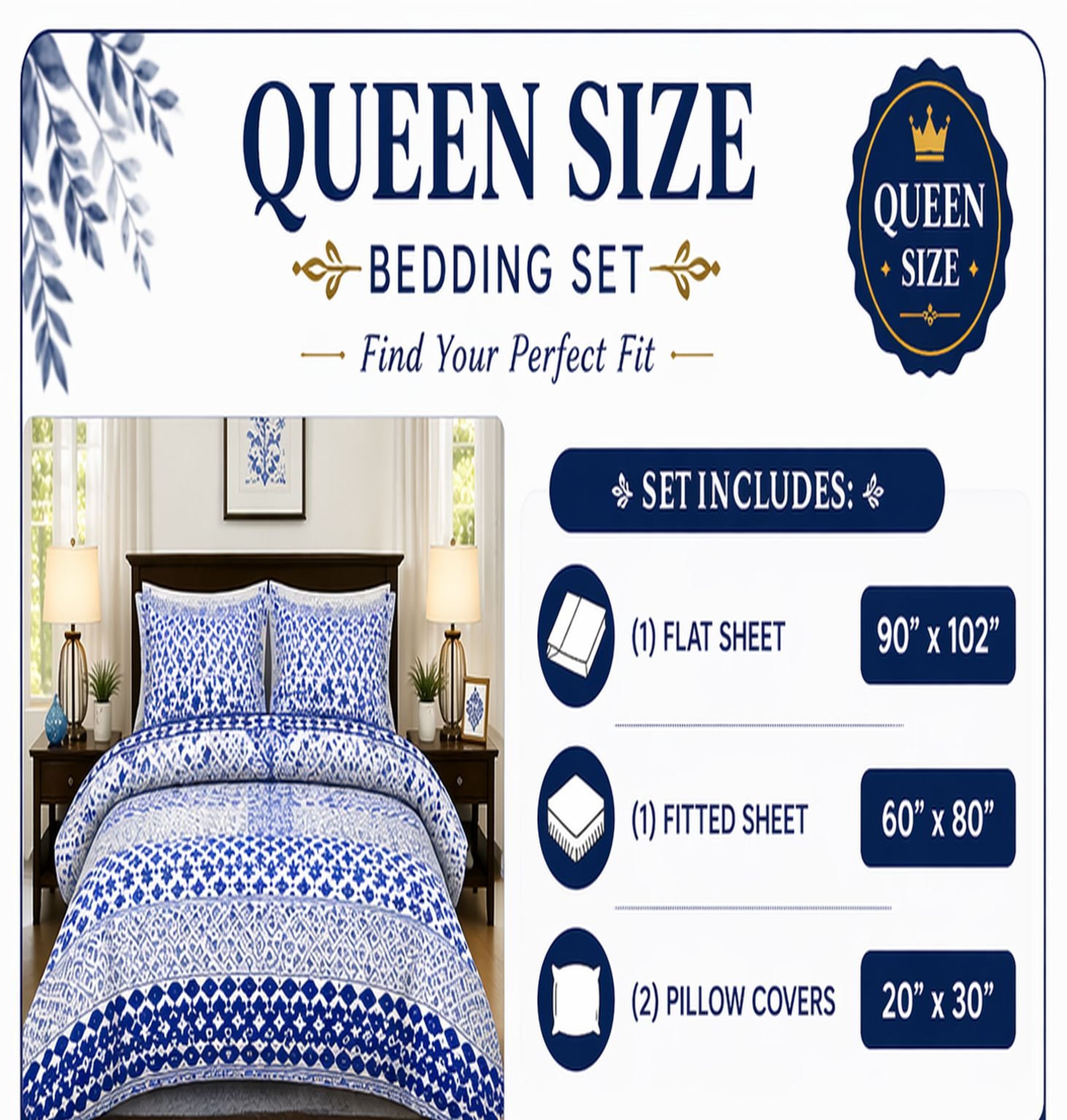 The image is a product advertisement for a Queen Size Bedding Set, which includes a flat sheet, a fitted sheet, and pillow covers. The ad features a bedroom scene with a bed and nightstands, and the text provides the dimensions and features of the set.