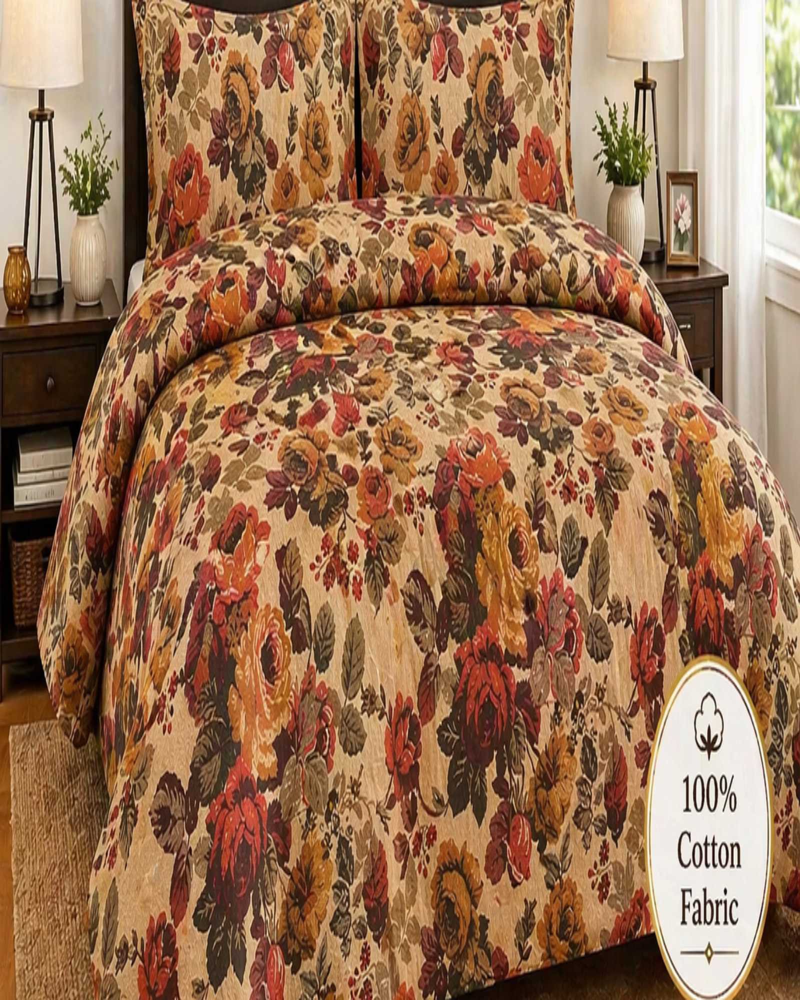 Autumn Rose Floral Bedding Set – 100% Cotton Vintage Style Bedsheets