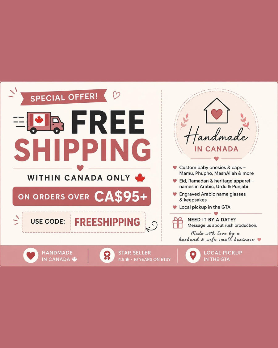 The image is a promotional advertisement for a company that offers free shipping on orders over $95 or more. It features a red and white color scheme with a red truck and a red heart symbol. The ad highlights the company's commitment to handcrafted products and offers a special offer for customers to ship their purchases within Canada. The ad also mentions that the company ships custom baby onesies and caps, as well as other apparel items, and provides a free shipping code for customers to use.